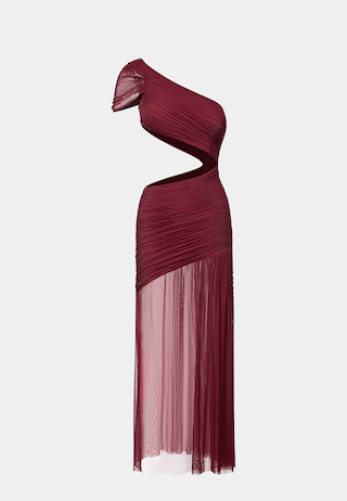 JW Pei Mia Pleated Mesh Dress Burgundy
