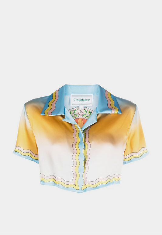 CASABLANCA Cuban Collar Cropped Silk Short Sleeve Shirt Multi - Gold Light Blue