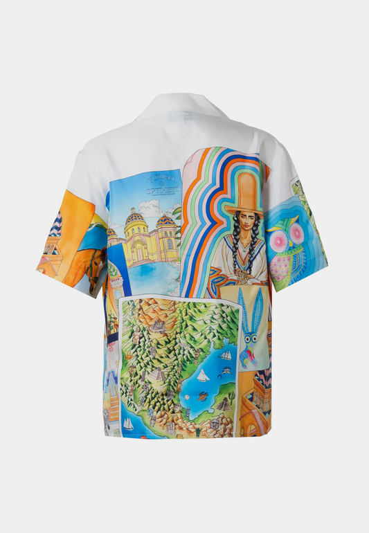 CASABLANCA Cuban Collar Short Sleeve Shirt - Multi White Orange