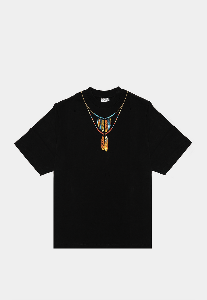 Marcelo County Feathers Necklace Over Tee Black Red Black Red