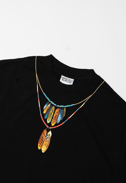Marcelo County Feathers Necklace Over Tee Black Red Black Red