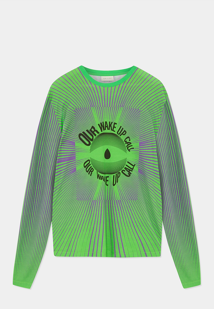 Qasimi Hamzad Cotton Lyocell Long Sleeve T-Shirt ''Our Wake Up Call'' Keffer Lime