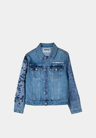 Ashluxe Flowery Sleeve Denim Jacket in blue with floral embroidery on one sleeve and embossed ASH pattern on the other.