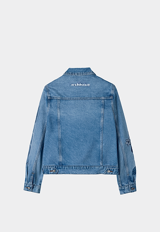 Ashluxe Flowery Sleeve Denim Jacket in blue with floral embroidery on one sleeve and embossed ASH pattern on the other - back view.