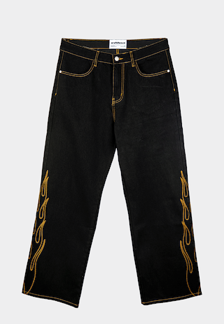 Ashluxe Flame Embroidered Denim Pants Black
