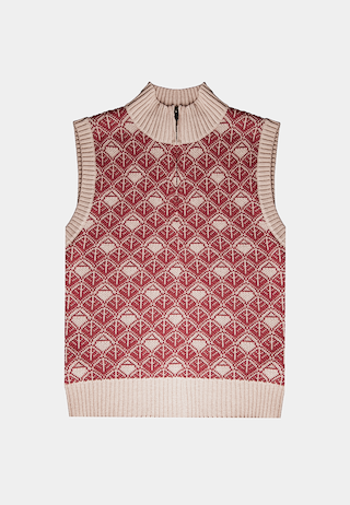 Ashluxe Zip Monogram Knitted Vest in Pink and cream with half-zip neckline and geometric monogram pattern.
