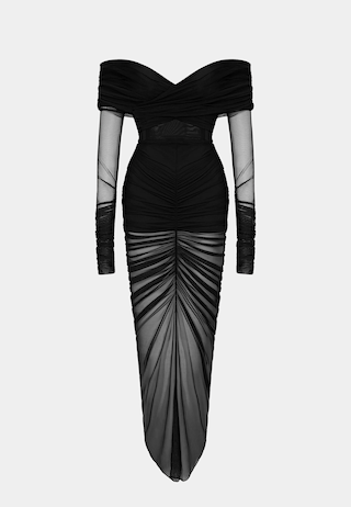 JW Pei Emily Elegant Off Shoulder Ruched Gown Black