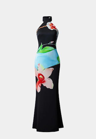 JW Pei Floral Satin Halter Dress Black