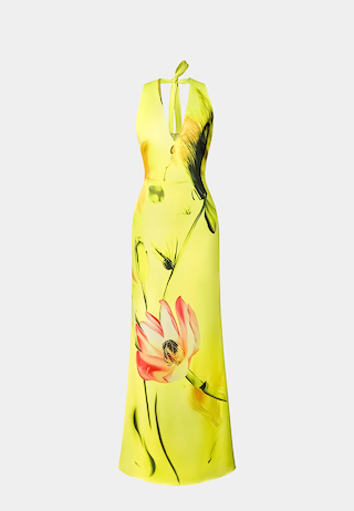 JW Pei Floral Satin Halter Dress Yellow