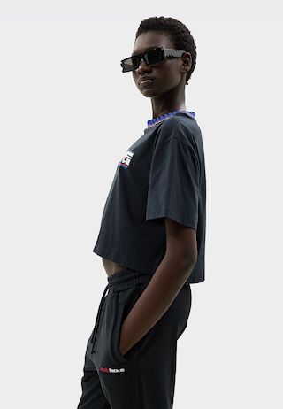 Knitted Neck Cropped T-Shirt Black