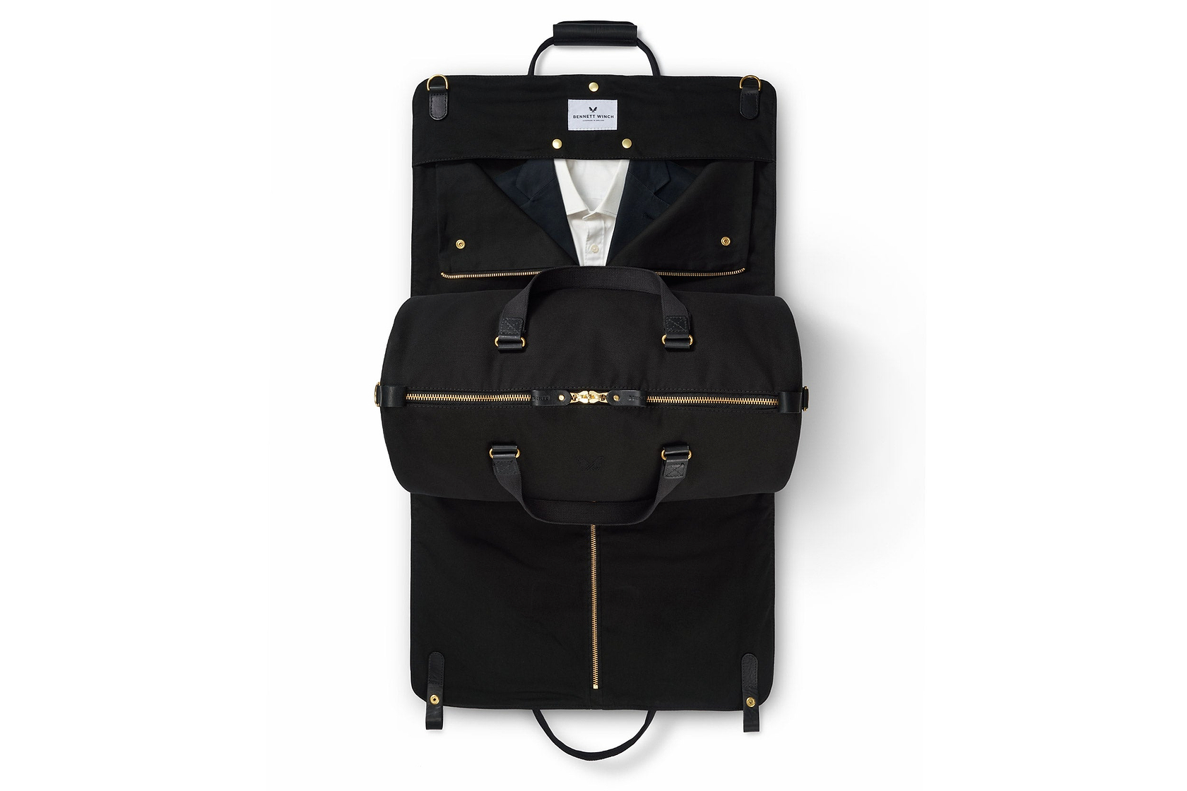 garment bag and duffel bag open view in black