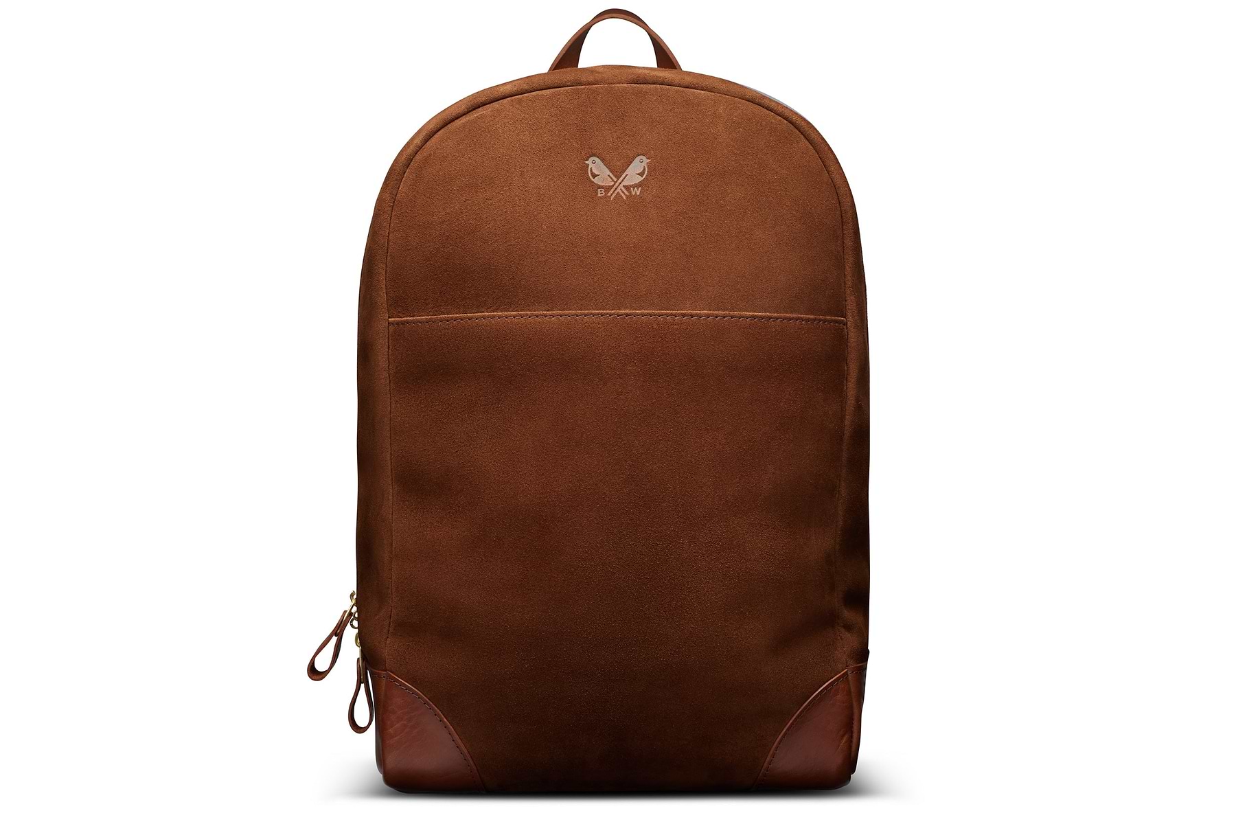 front of brown suede backpack