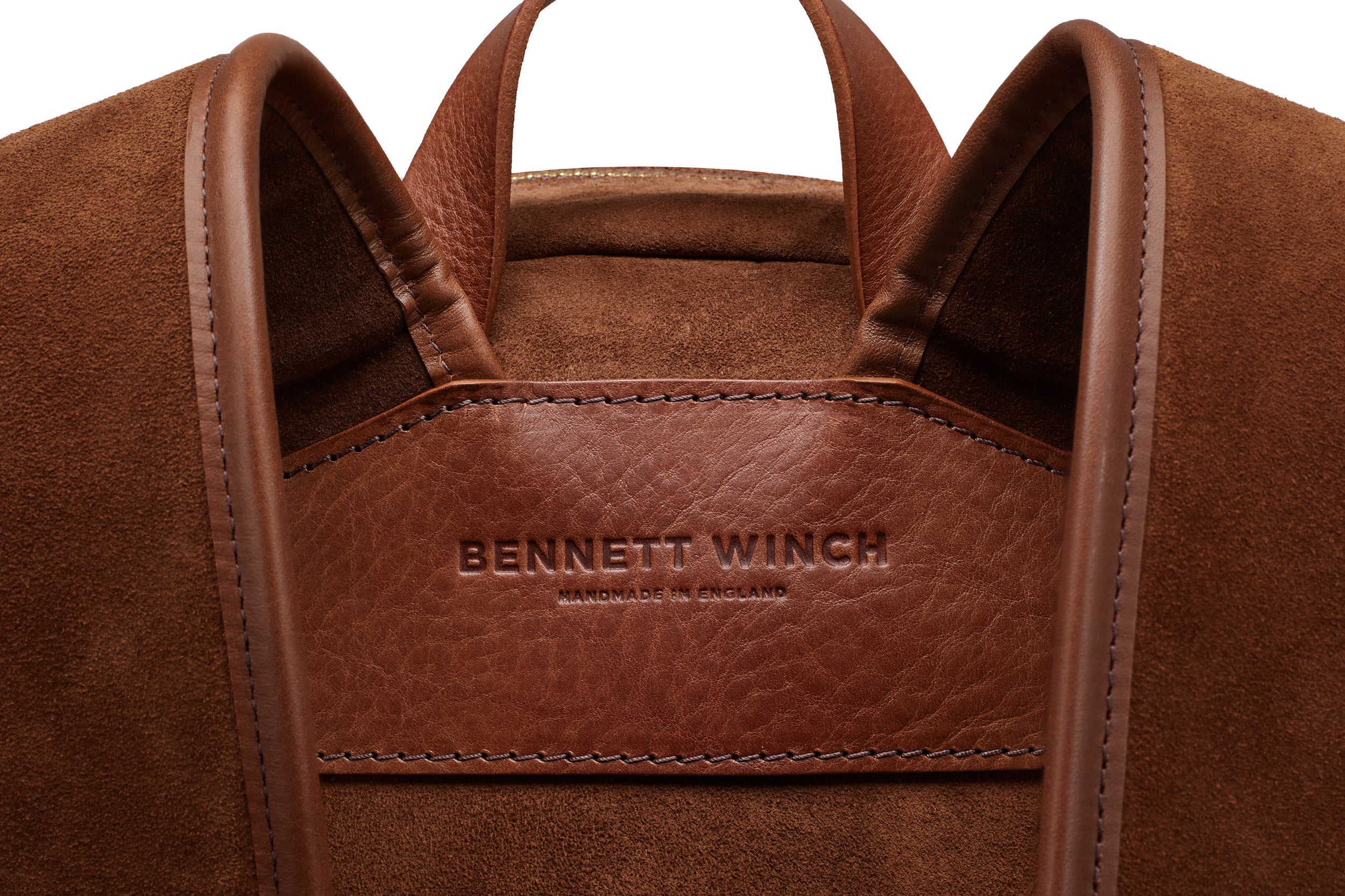 Bennett Winch branding on the leather on the backside of the backpack 