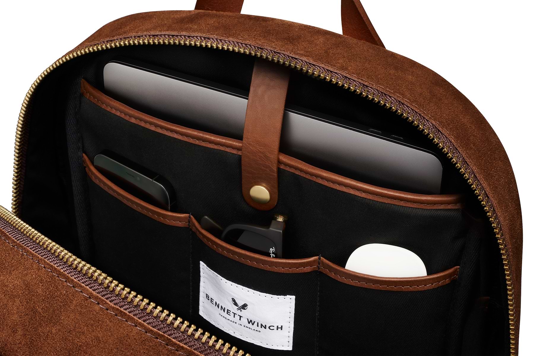 organizers compartments in luxury brown suede backpack