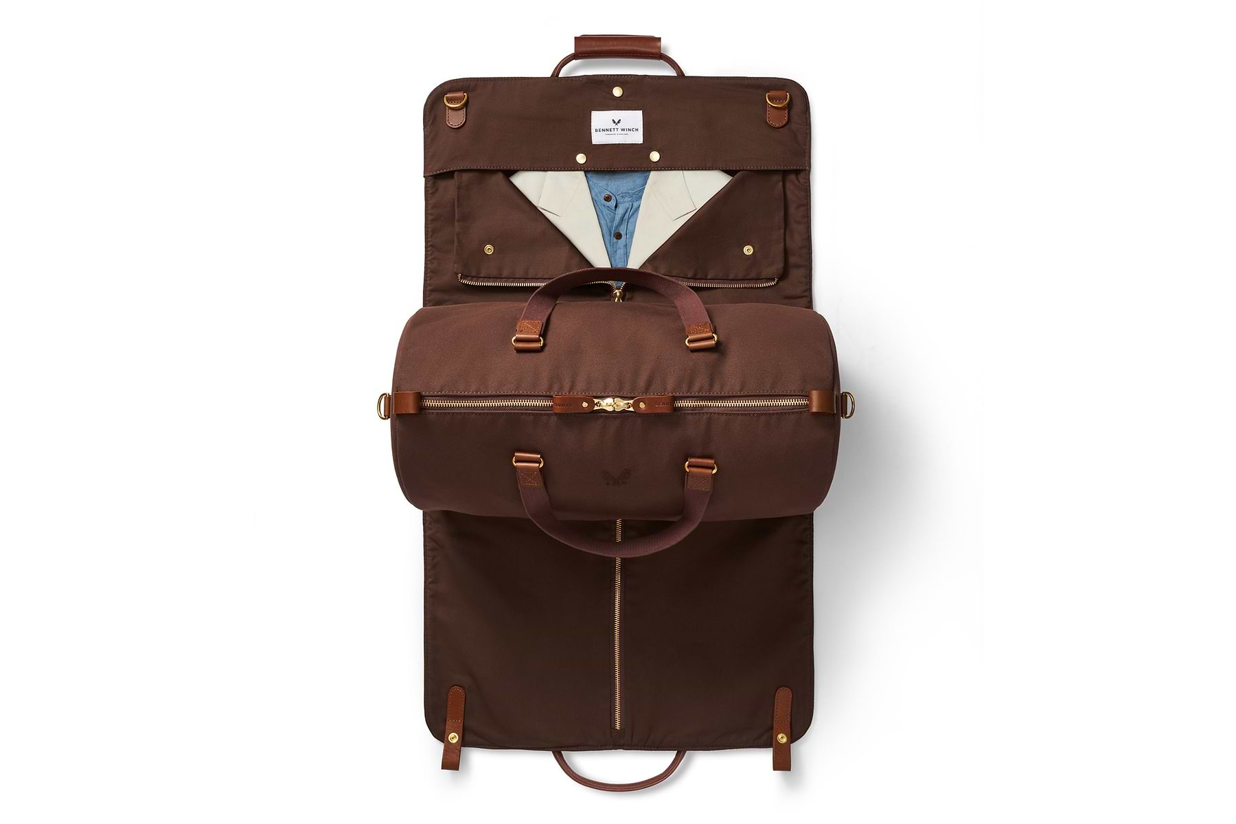 garment bag and duffel bag open view in brown suede