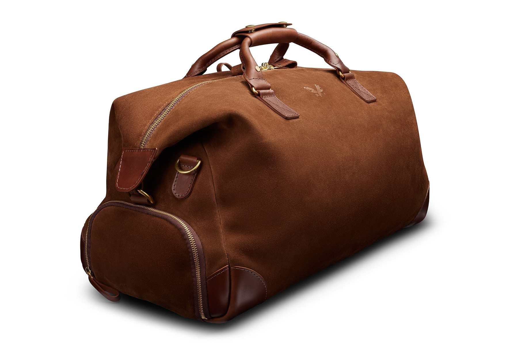 brown men's weekender bag side view with shoe compartment