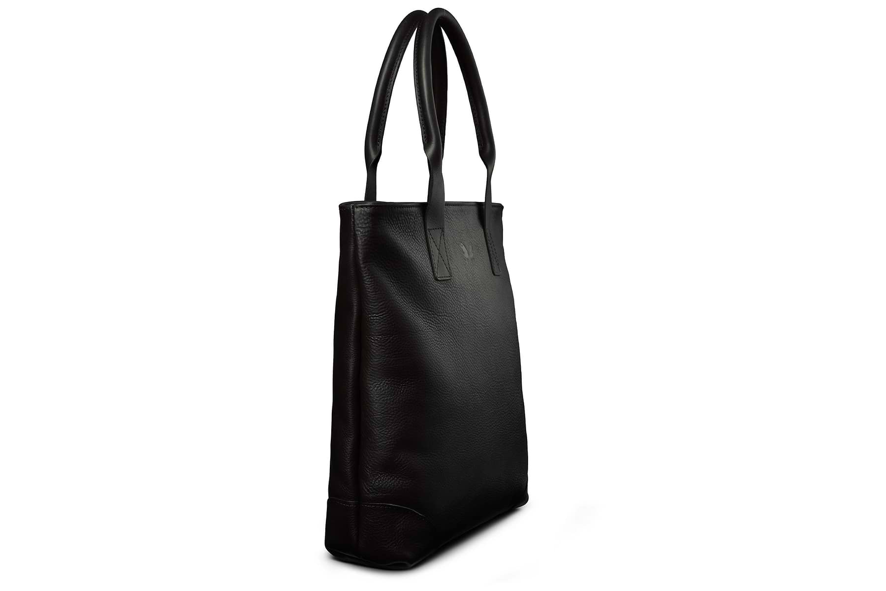side angle of sleek leather black tote
