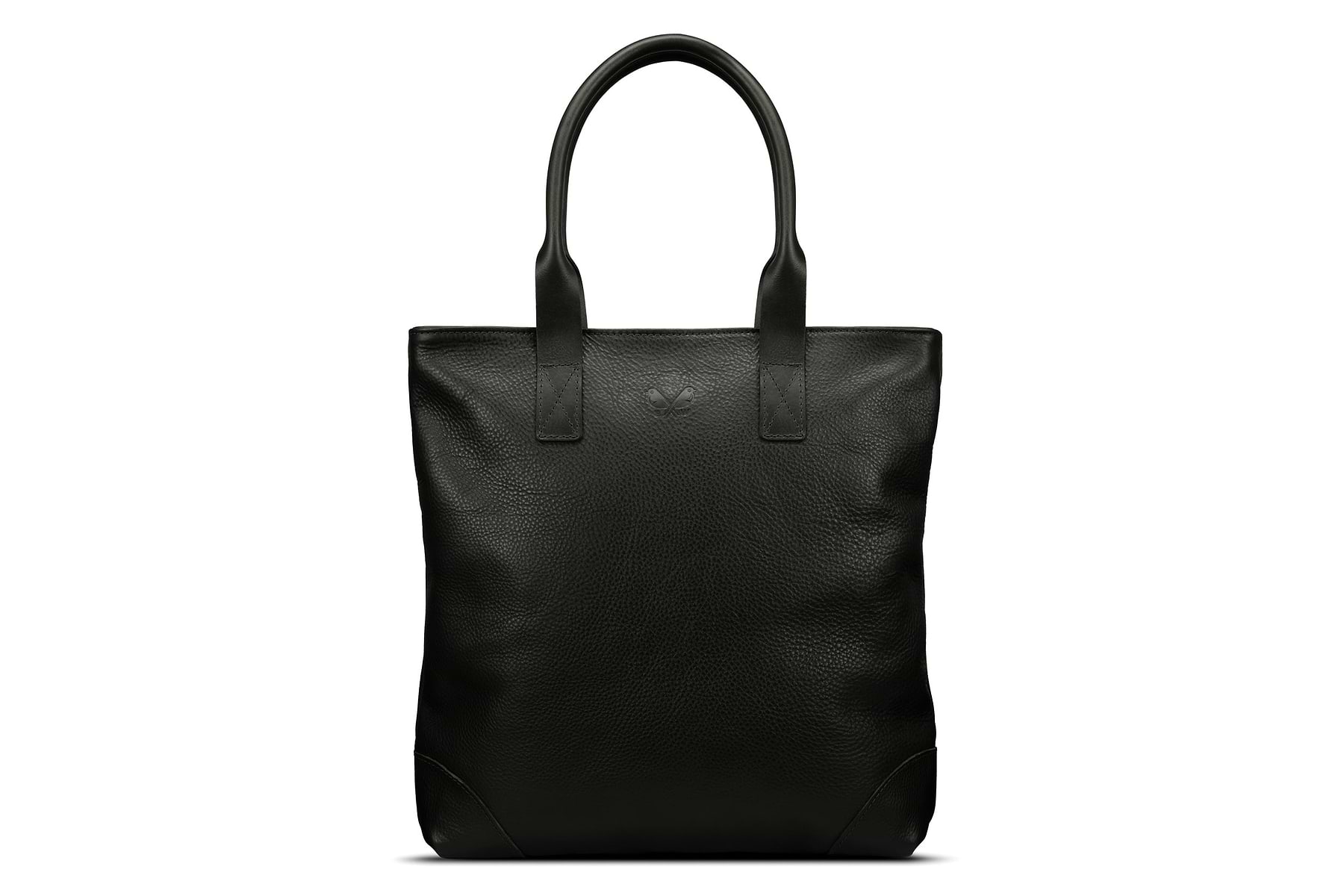 front view of black leather tote