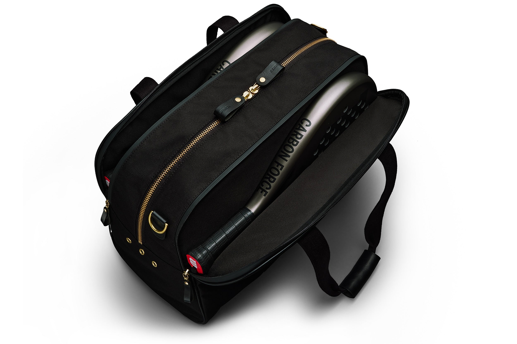 black sports duffel bag holding padel rackets