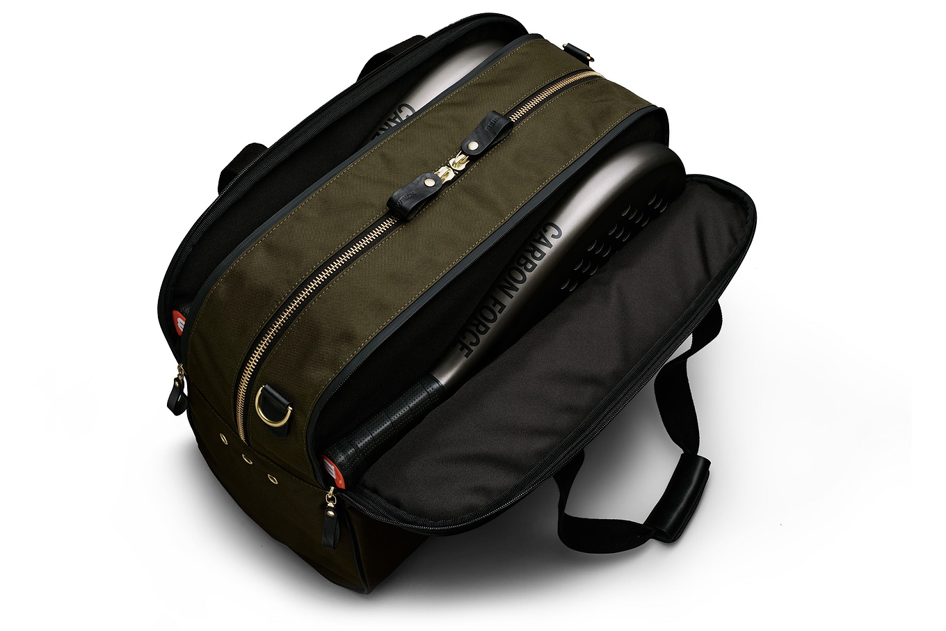 olive green sports duffel bag holding padel rackets