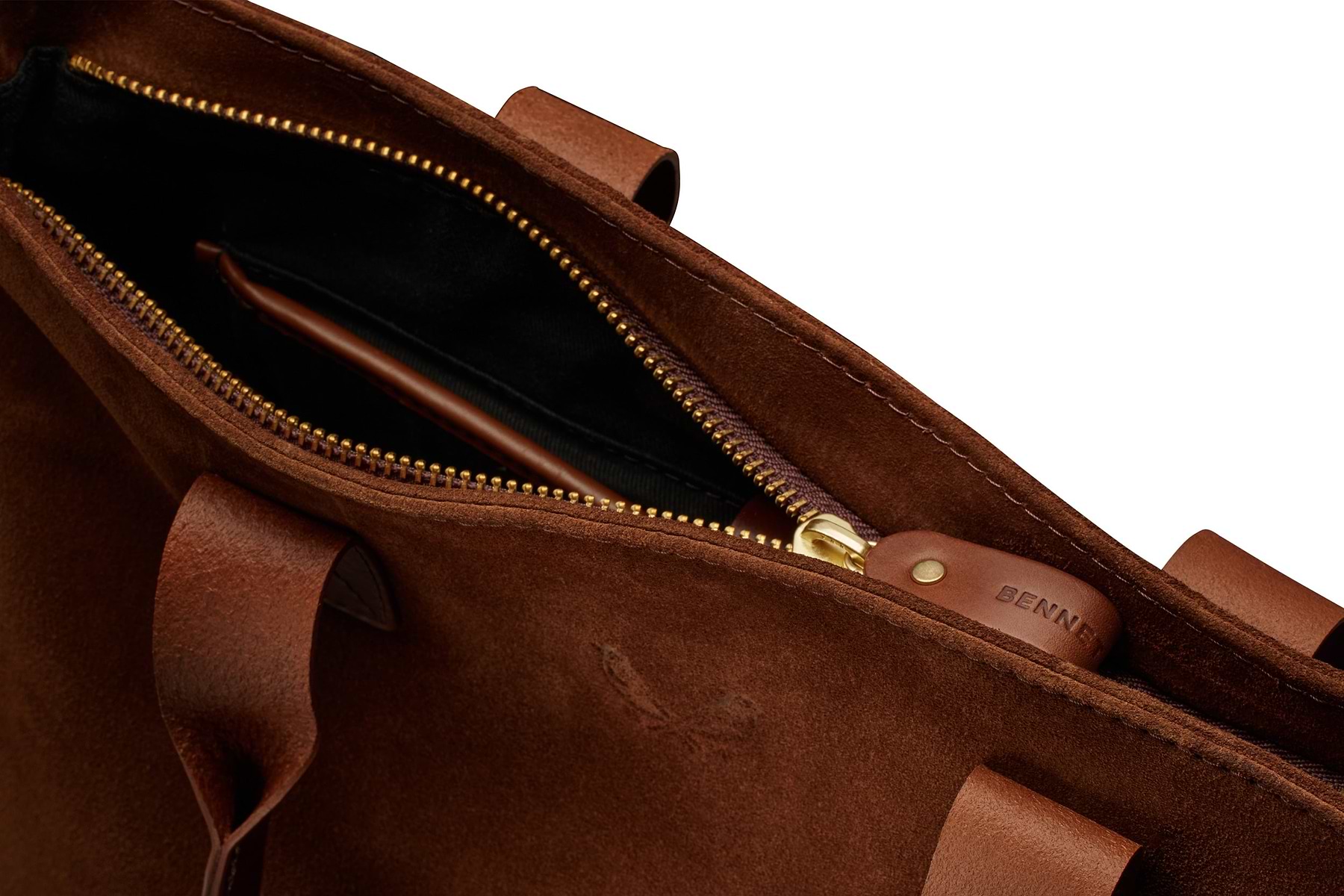 quality zipper closure on brown suede tote