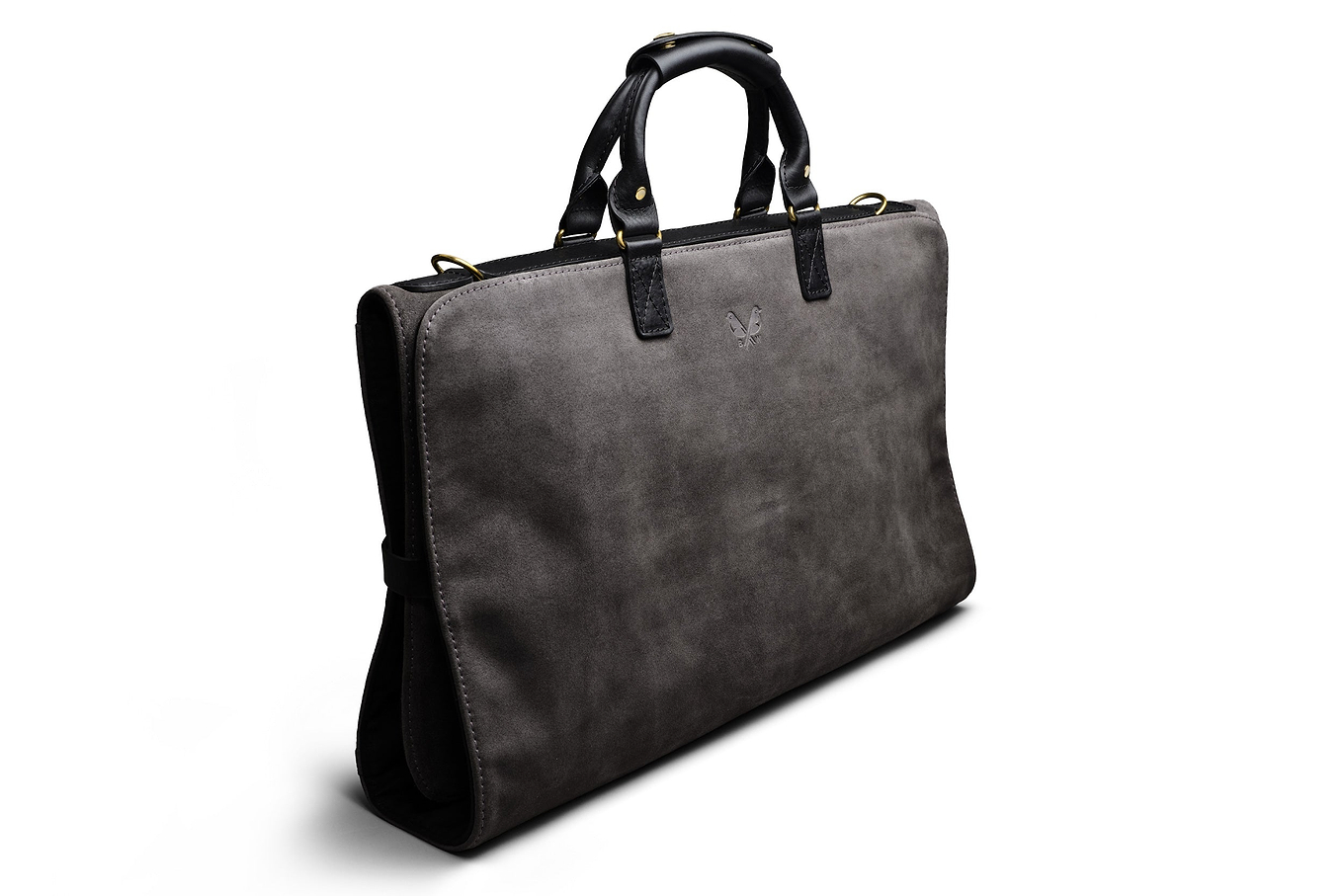 side view of Bennett Winch grey suede trifold