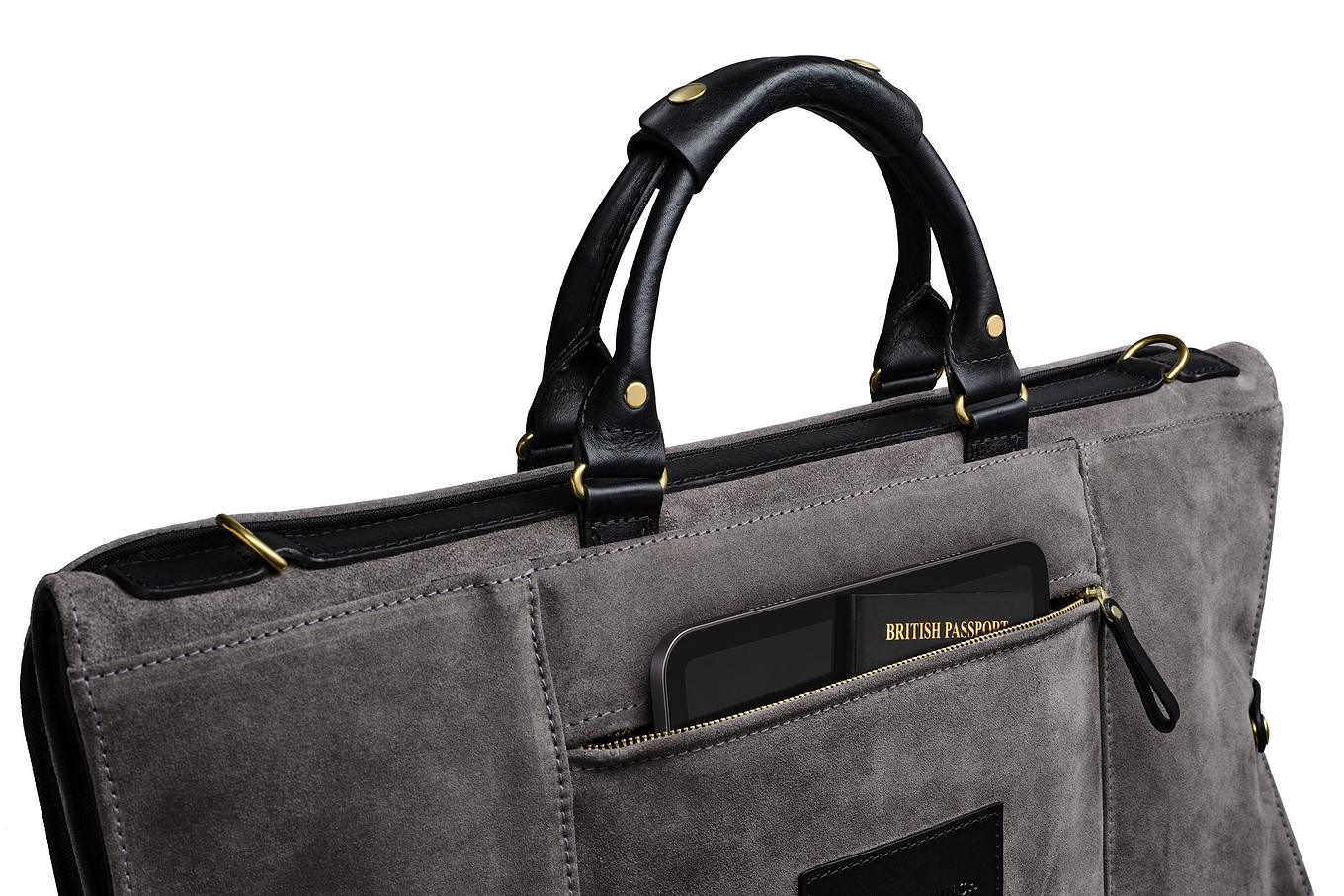 view of back storage pocket on the grey suede trifold