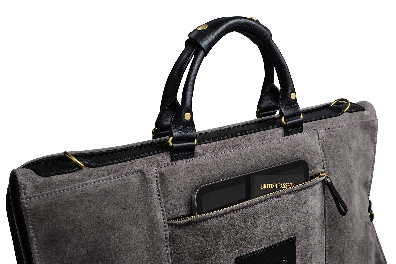 view of back storage pocket on the grey suede trifold