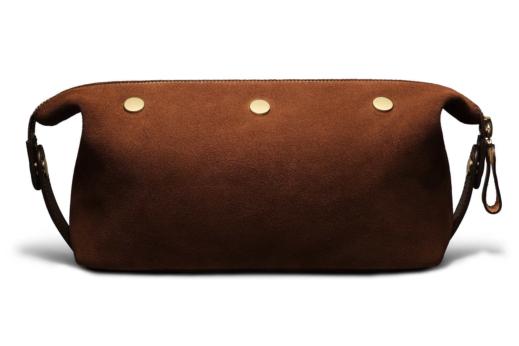 backside of quality brown suede dopp kit