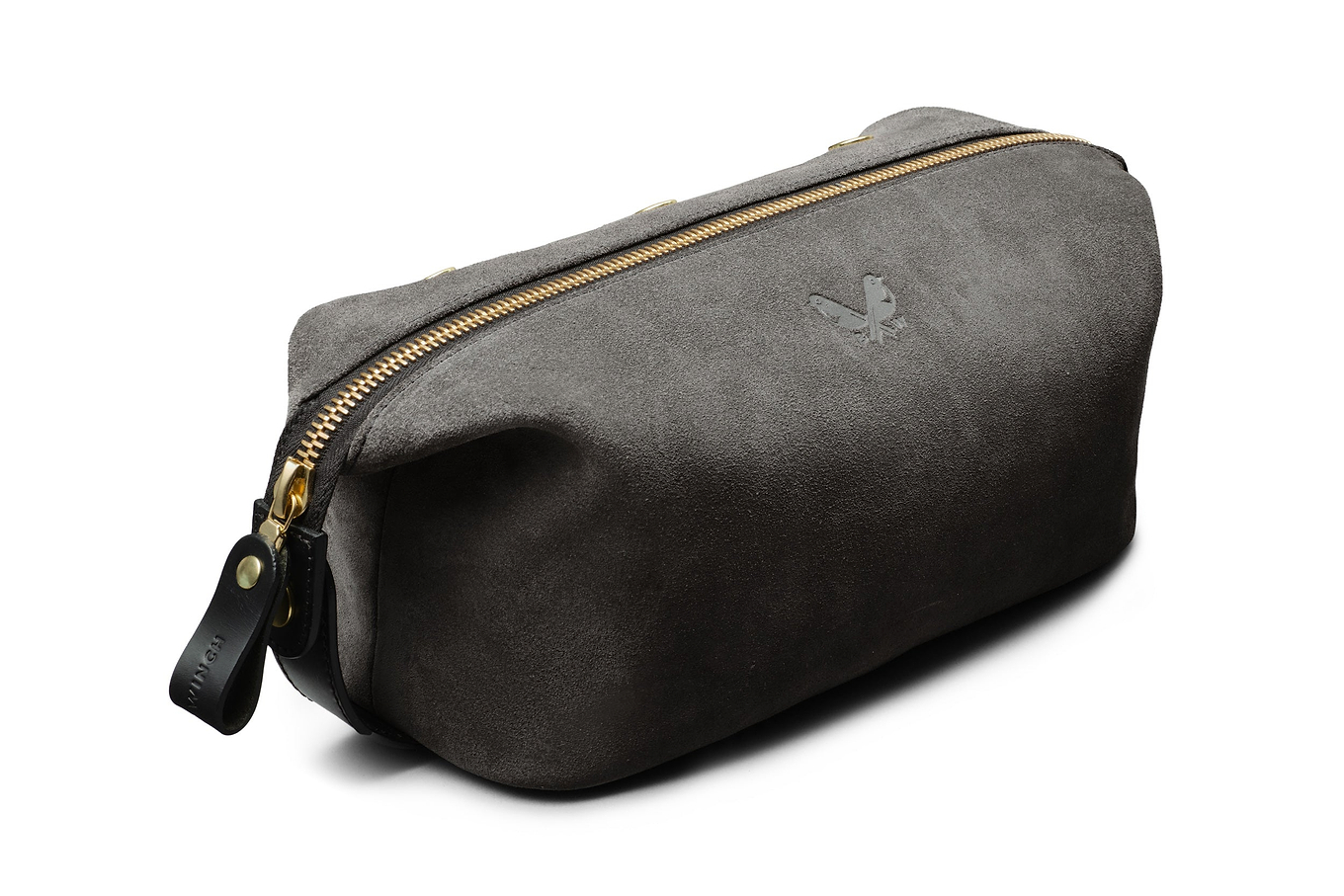side view of suede grey toiletry bag