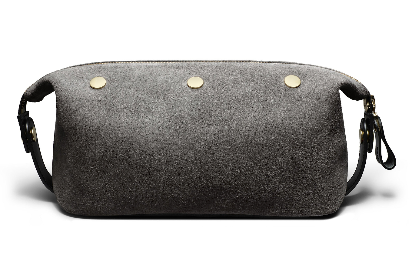 backside of quality grey suede dopp kit