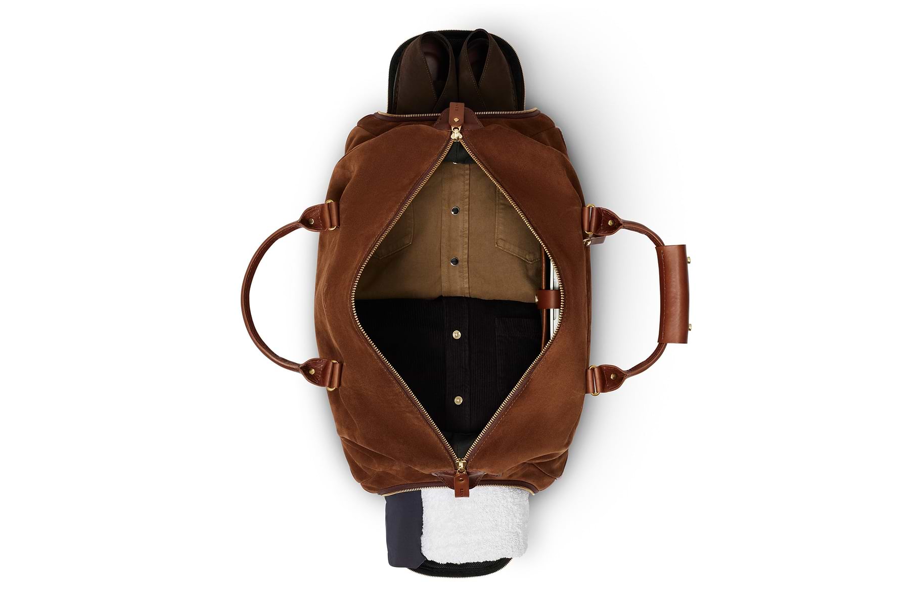 weekender bag open view in brown
