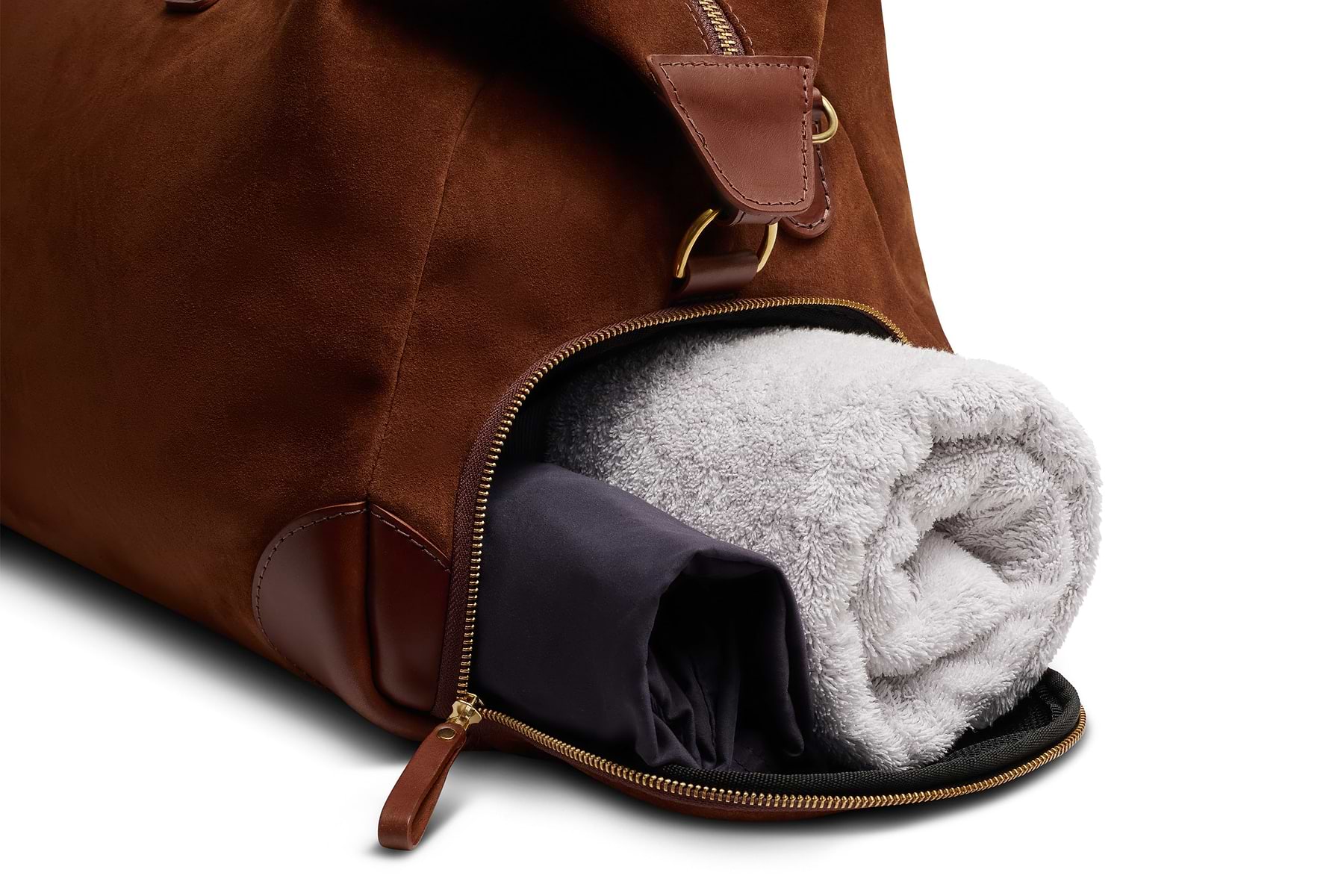 close up of the separate shoe compartment on the weekend bag