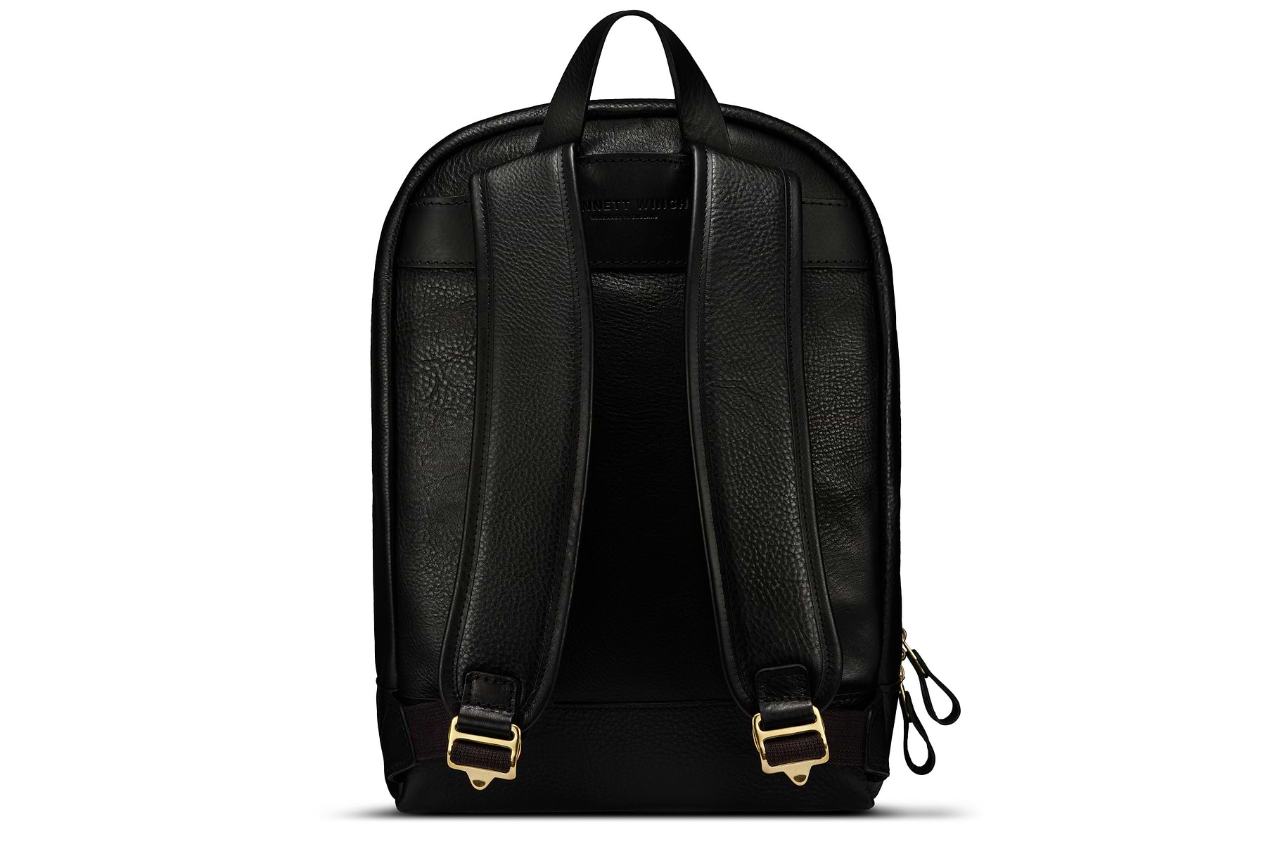 back view of black leather backpack