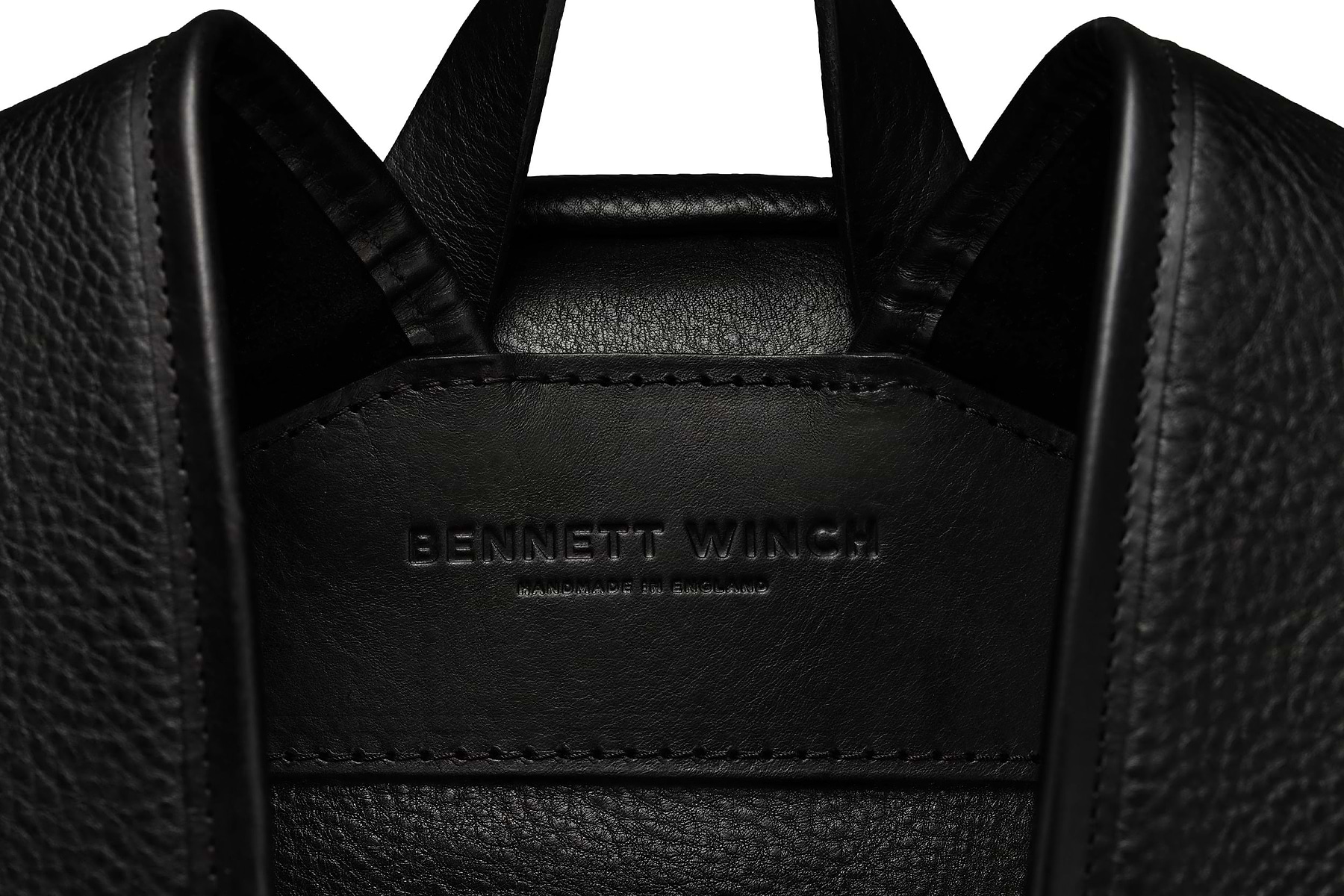 the Bennett Winch branding on the leather on the backside of the backpack 