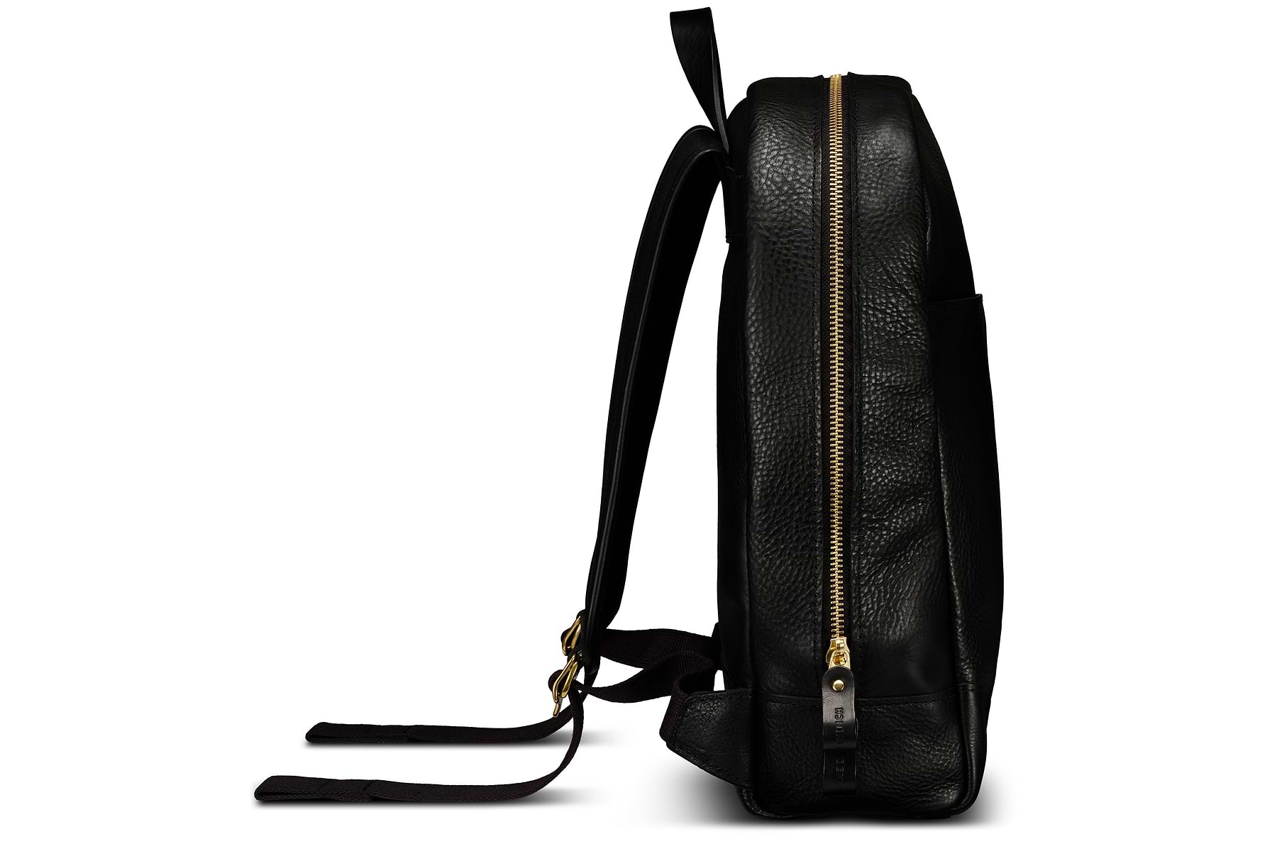 side view of black leather backpack