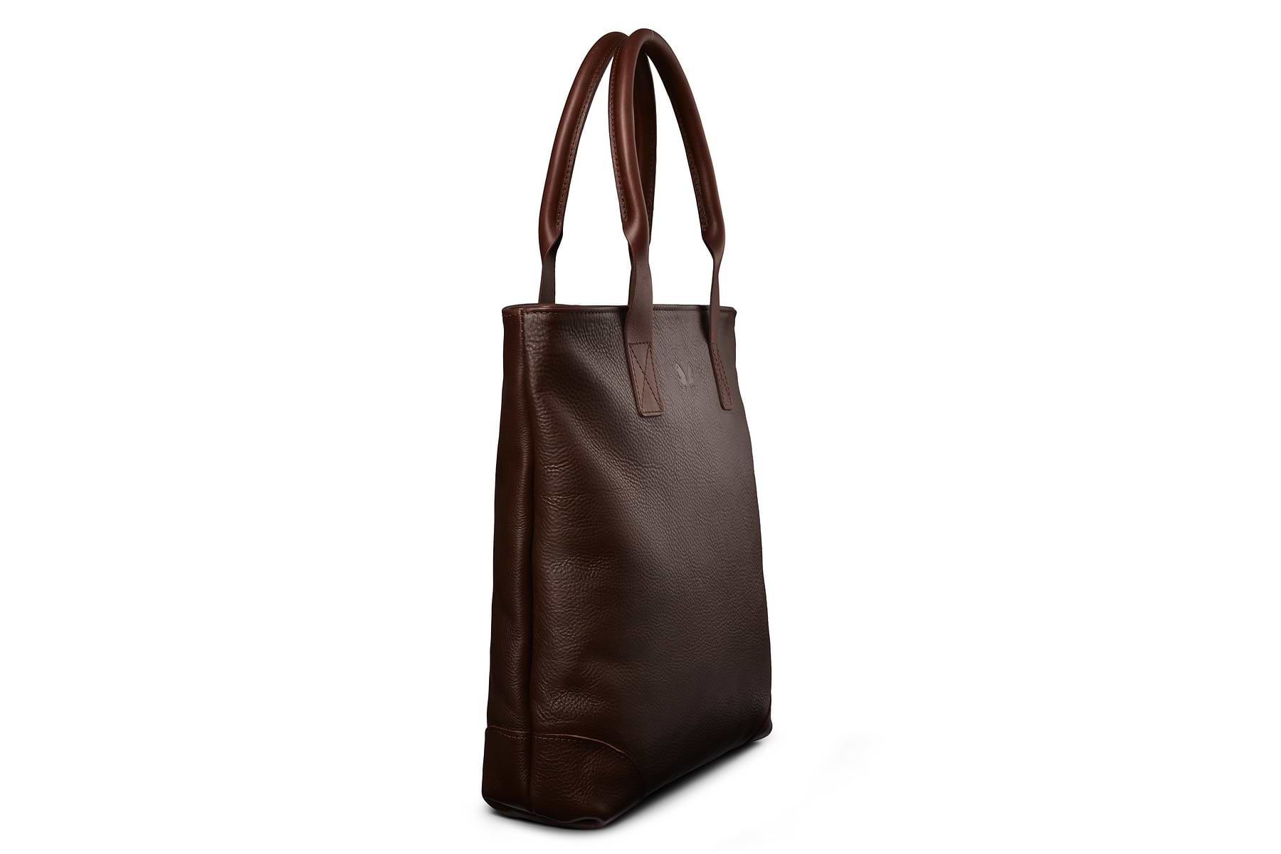 side angle of brown leather tote