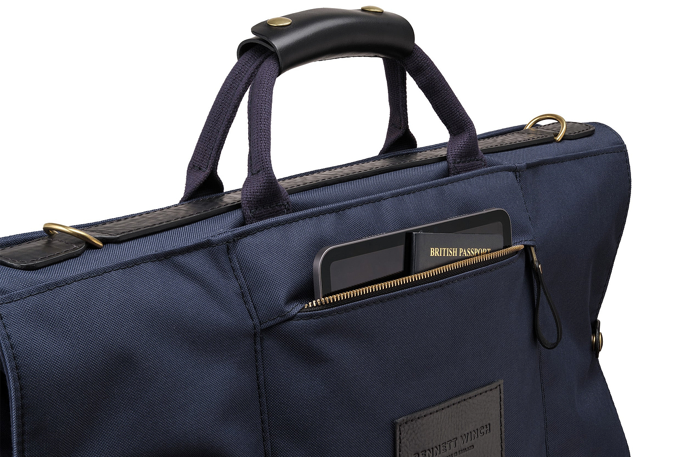 view of back storage pocket on the navy trifold