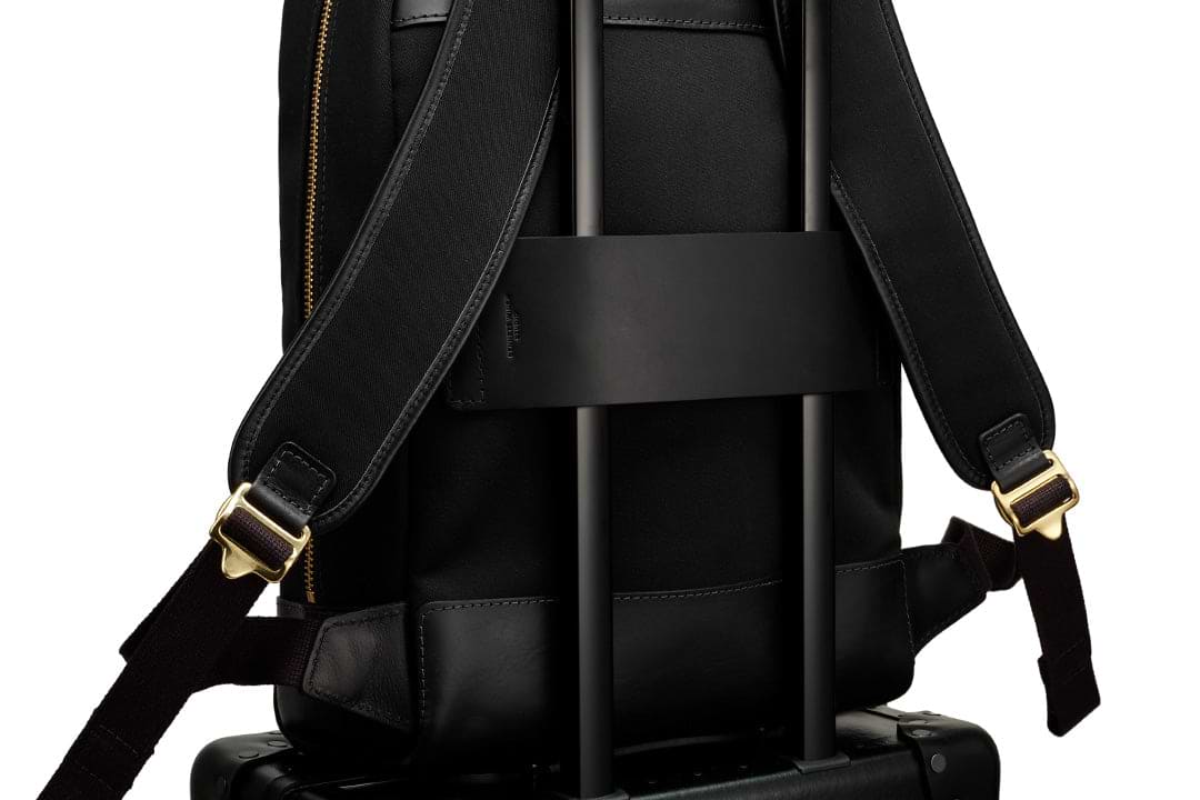 leather luggage strap on the bennett winch black backpack 