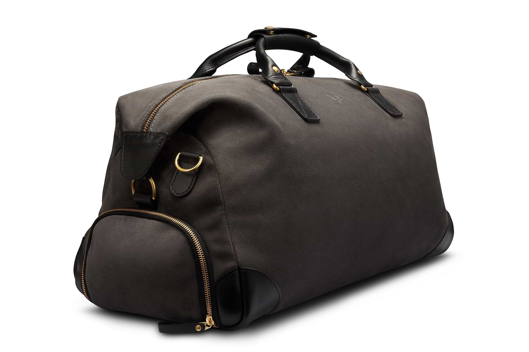 grey men's weekender bag side view with shoe compartment