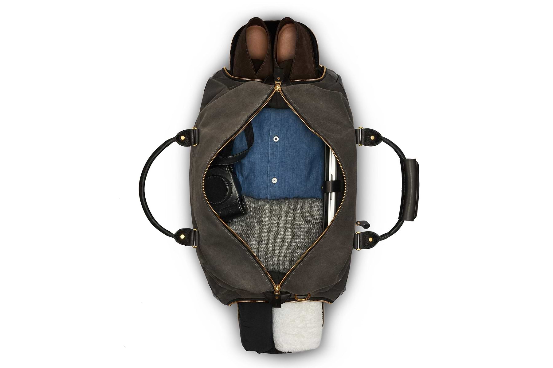 weekender bag open view in grey