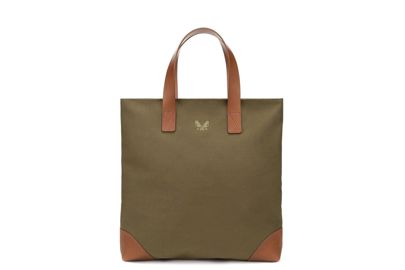 Green canvas tote with brown leather accents