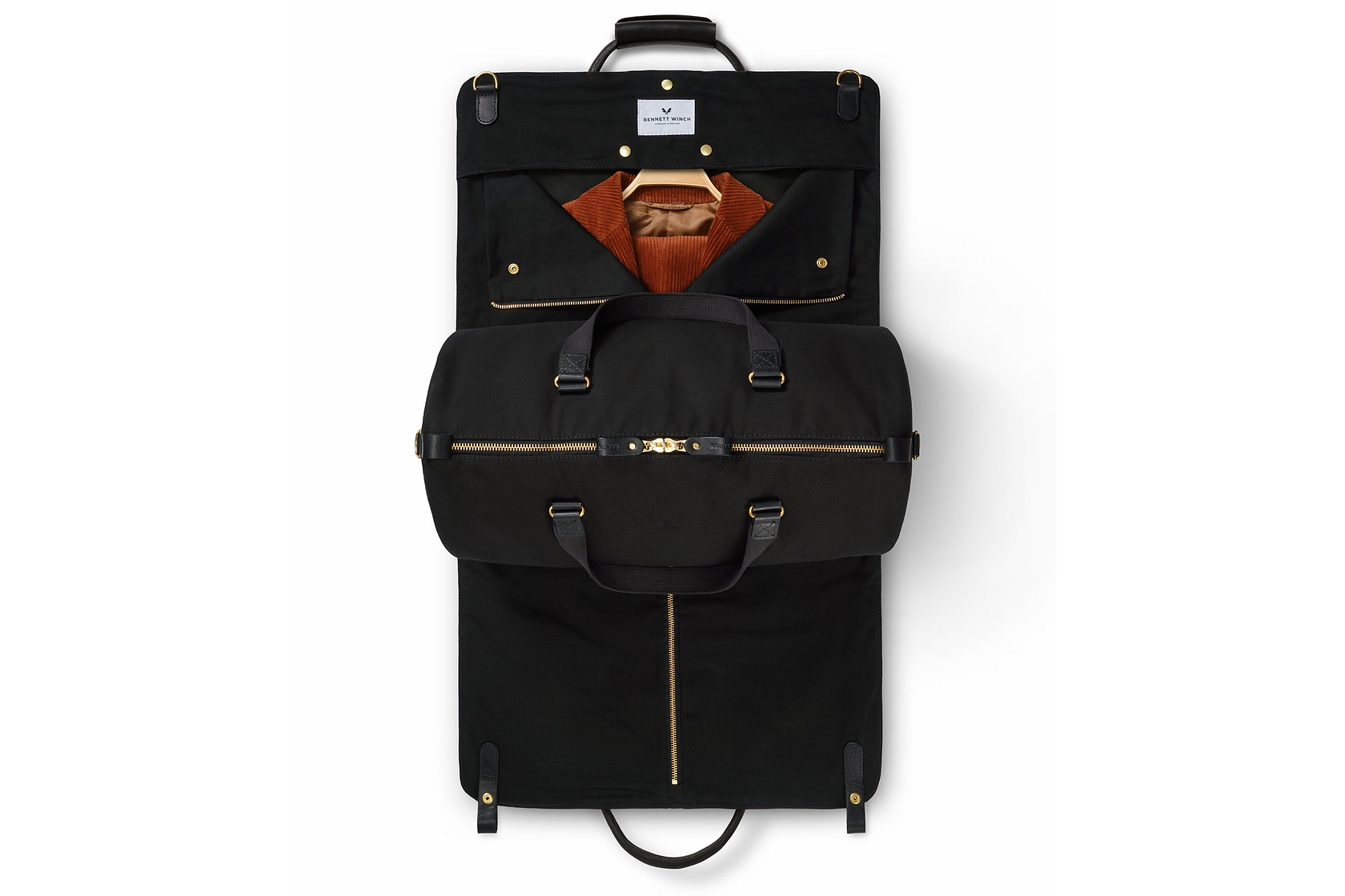 garment bag and duffel bag open view in grey