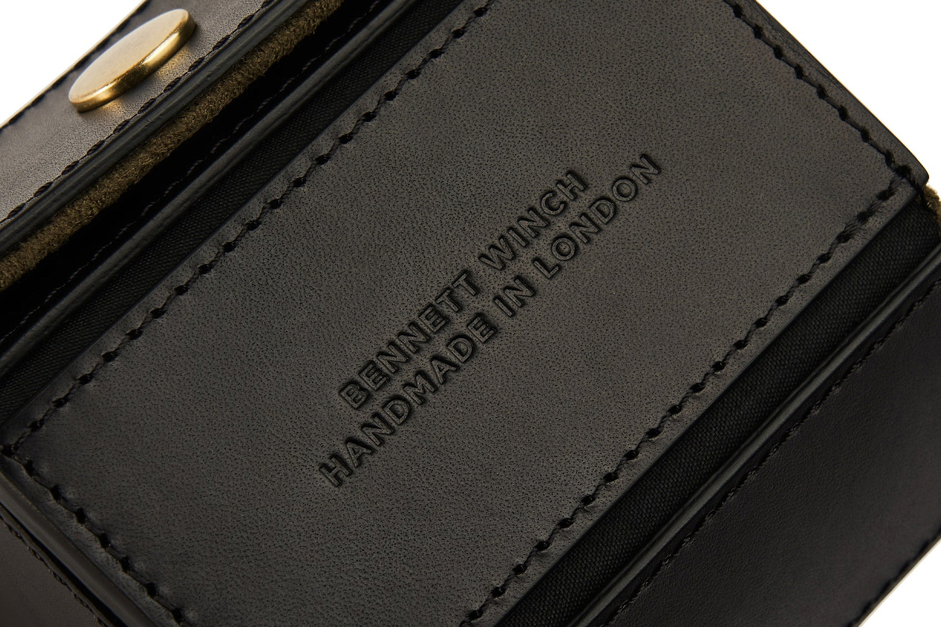 Bennett Winch made in London stamped into the black leather single watch roll