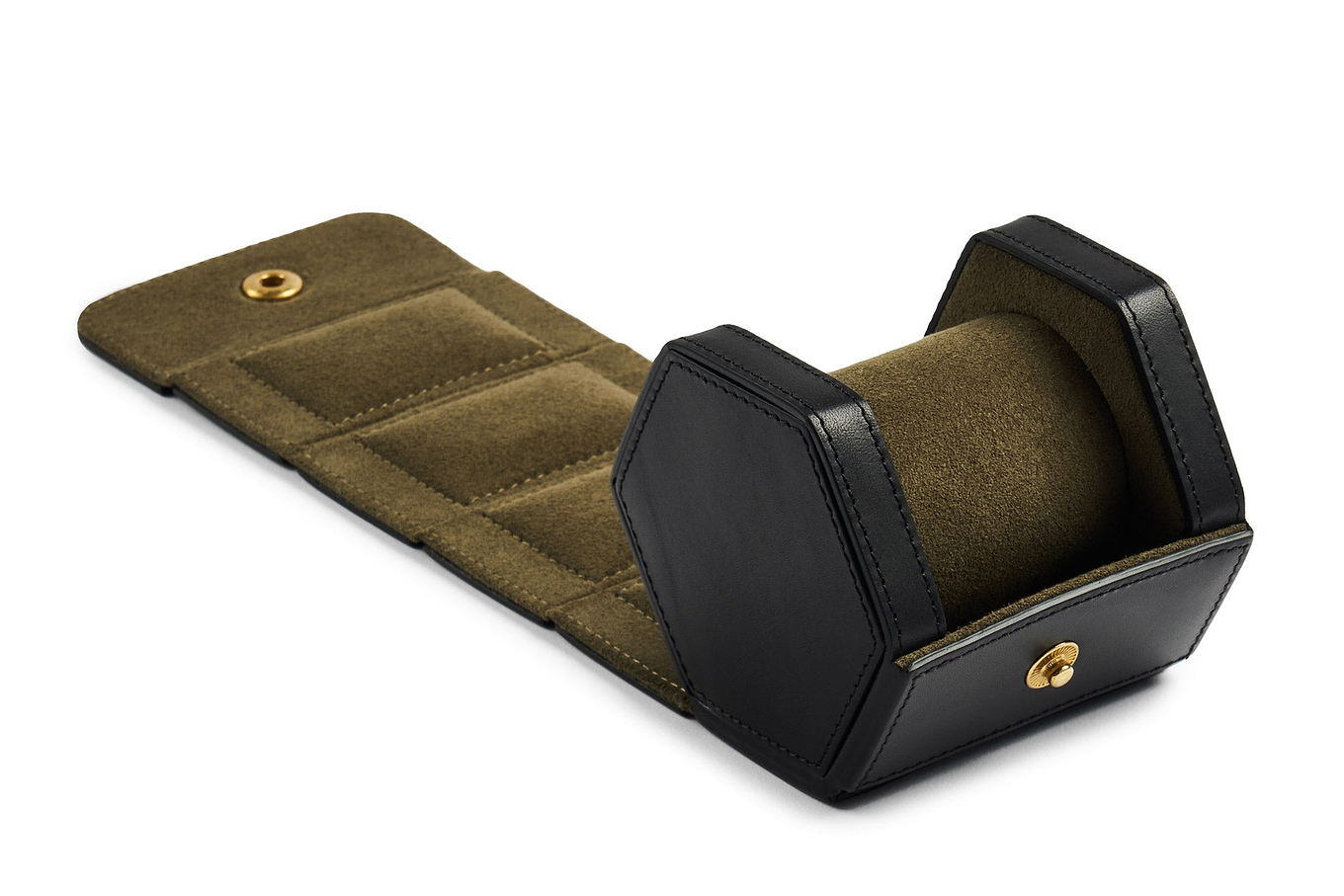 Black leather single watch roll with green suede interior open 