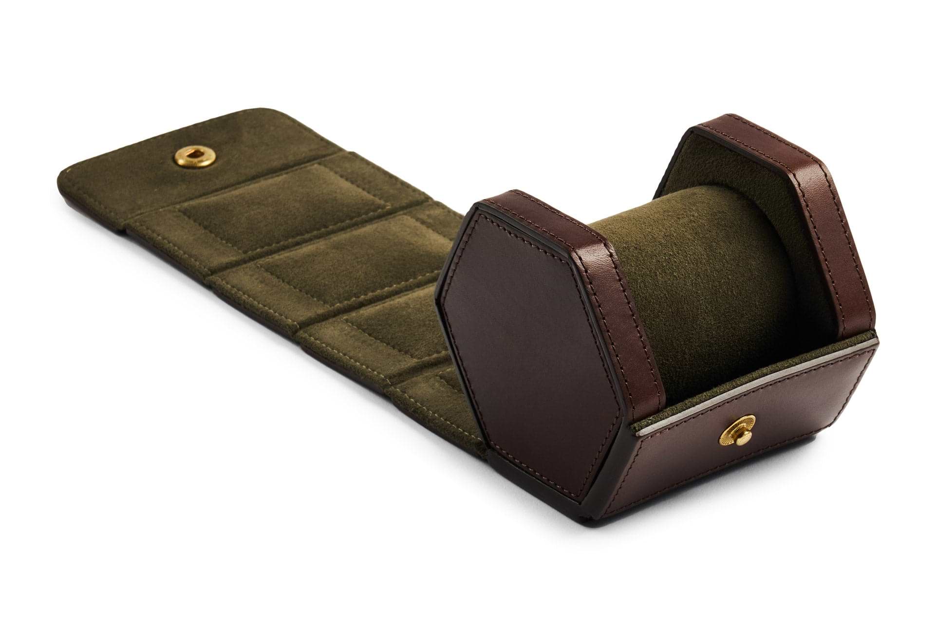 Brown leather single watch roll open 