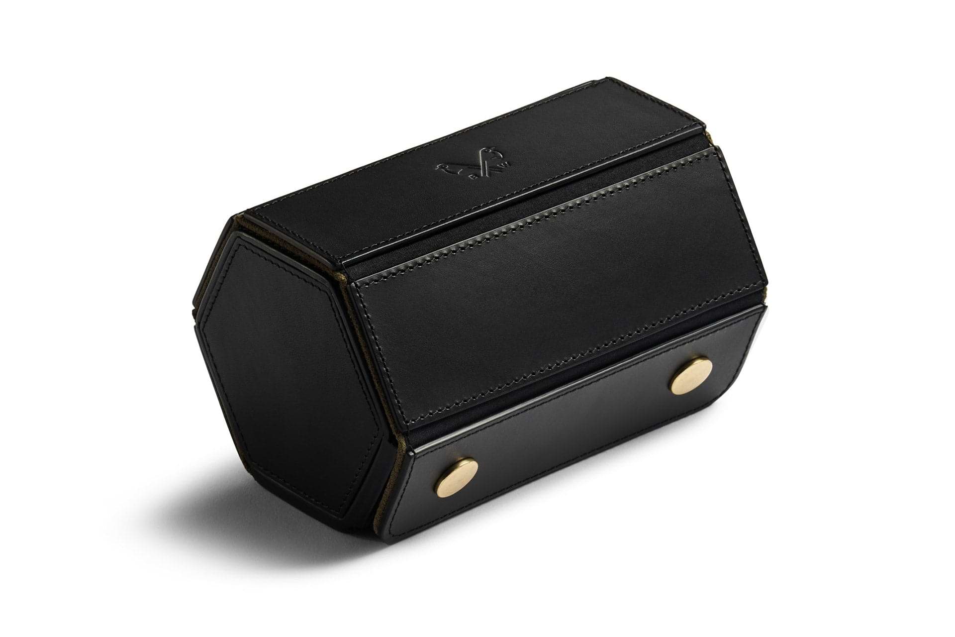 front view of luxury two section black leather watch roll