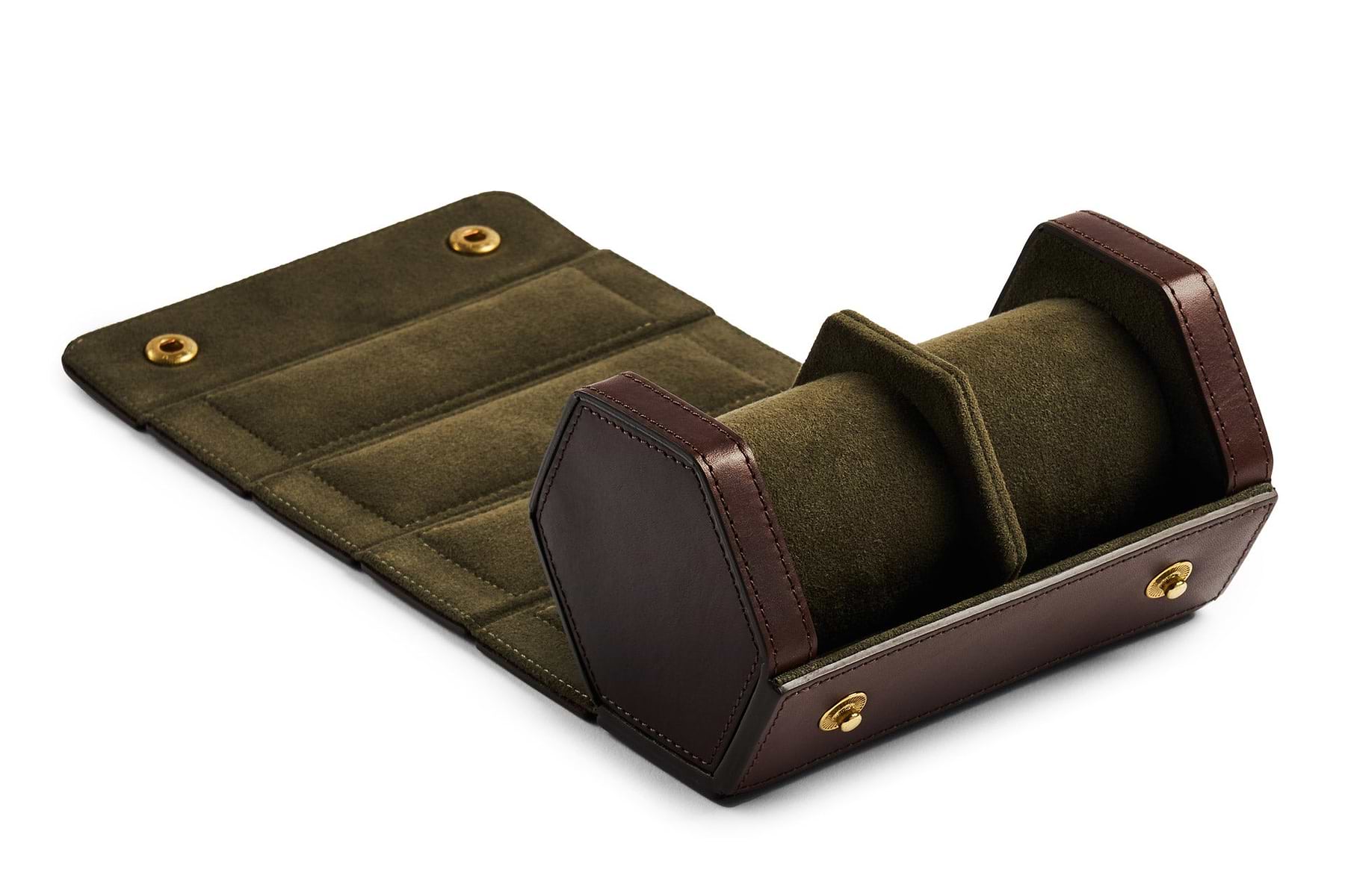 high end two section watch roll with green suede lining