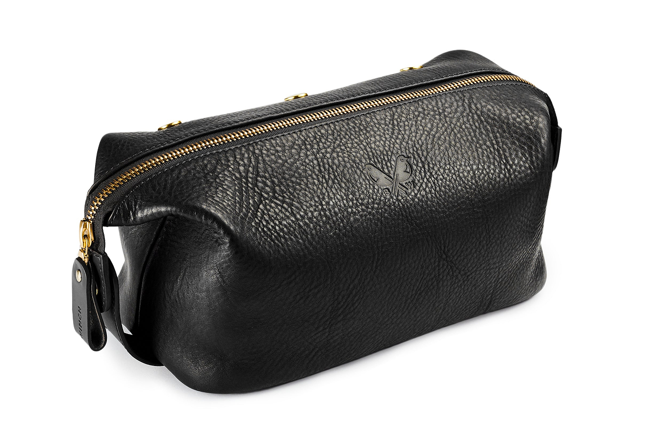 side view of sleek black leather dopp kit