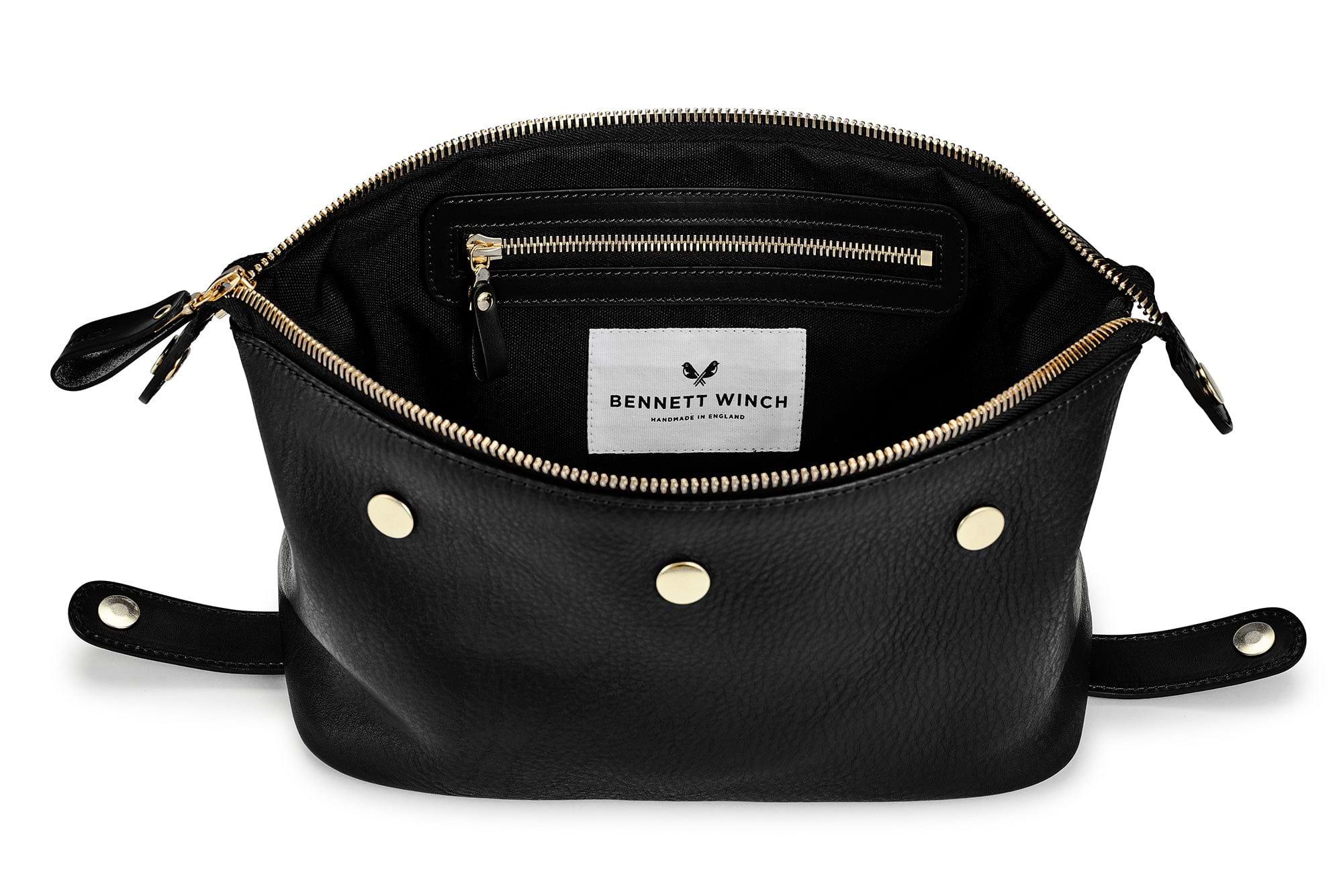 inside of black leather toiletry bag